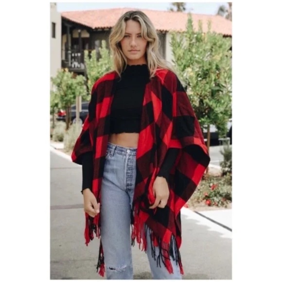 Red & Black Buffalo Plaid Poncho Sweater Wrap - Picture 4 of 5